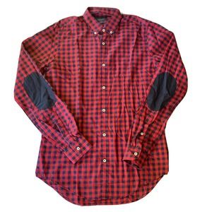 Zara Man Red Blue Plaid Button Front Shirt Slim Fit Sz Small Elbow Patch Casual